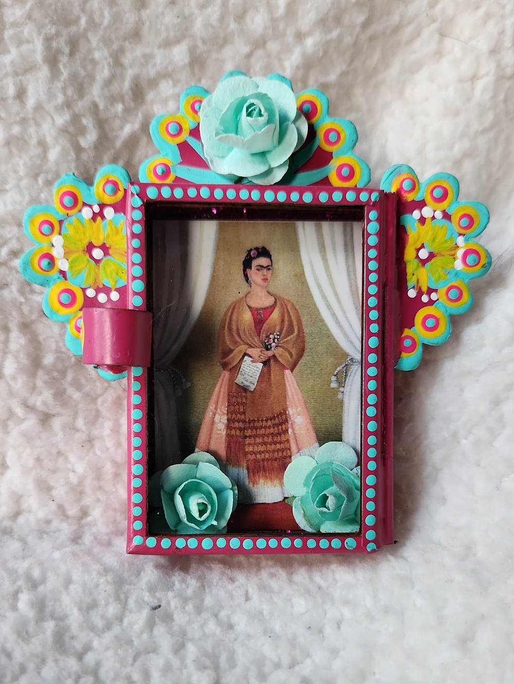 Hand-Painted Magenta and Turquoise Frida Kahlo Decorative Shrine